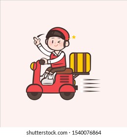 Male character on delivery by motorcycle. Cute style figures illustration. Vector EPS10