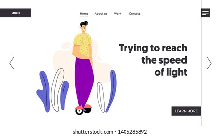 Male Character on Hoverboard Landing Page. Young Man Riding Gyro Scooter. Alternative Urban Transportation Concept. Self Balancing Electric Scooter Website Banner. Vector flat illustration