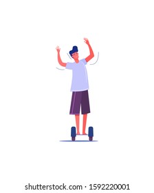 Male character on hoverboard. Young man riding gyro scooter flat vector illustration. Alternative urban transportation concept for banner, website design or landing web page