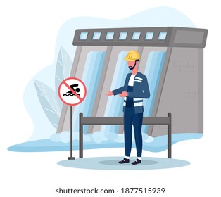 Male character on hydroelectric power station. Concept of eco clean modern electric power. Technological water electricity. Flat cartoon vector illustration
