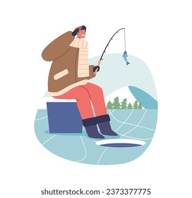 Male Character on Ice Fishing. Man Braving Winter Icy Grip, Bundled In Layers, Sits By A Frozen Lake with Fish on Rod