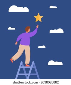 Male character on ladder reaching for star. Man with hopes and dreams catching star, looking for career opportunities flat vector illustration. Achievement, success concept for banner, website design