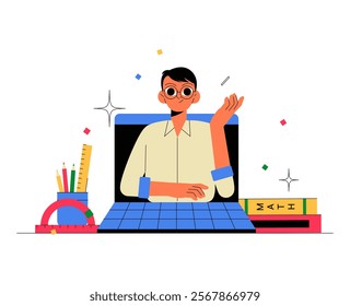 Male Character On Laptop In Flat Vector Illustration Symbolizing Online Learning, Education, And Productivity, Isolated On White Background.