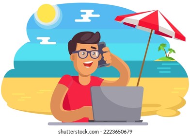 Male character on ocean beach shore. Businessman tourist working during summer vacation. Multitasking, owerworking and freelance concept. Freelancer with computer and smartphone at beach resort