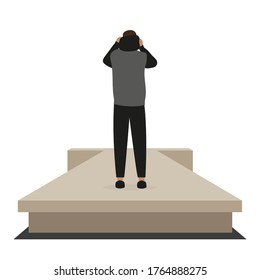 Male character on the podium stands with his back and puts on a hood