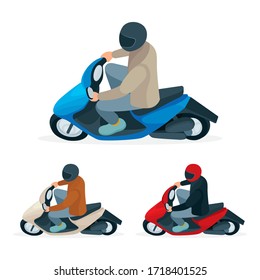 Male character on scooter. Scooter driver isometric vector illustration. Top and side view. Part of set.