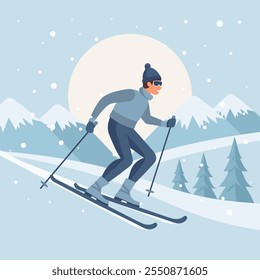 Male character on skis on mountain winter landscape background. Winter sport, outdoor sport activity. Flat illustration