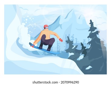 Male character on snowboard, freeriding. Snowboarder riding and jumping on natural, un-groomed terrain. Extreme sport activities. Flat vector illustration