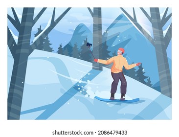 Male character on snowboard, freeriding tacking pictures. Snowboarder riding on natural, un-landscaped terrain. Extreme sport activities. Flat vector illustration