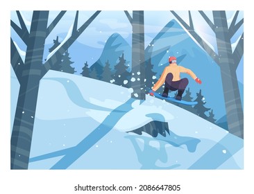 Male character on snowboard, freeriding. Snowboarder riding and jumping on natural, un-landscaped terrain. Extreme sport activities. Flat vector illustration