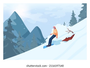 Male character on snowboard, freeriding. Snowboarder riding on natural, un-groomed terrain. Extreme sport activities. Flat vector illustration