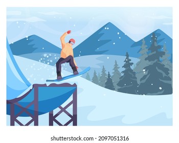 Male character on snowboard jumping from a trampoline. Snowboarder performing a stunt. Ski resort track with a ski lift. Man snowboarding, winter extreme sport activities. Flat vector illustration