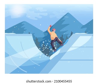 Male character on snowboard jumping on snowboarding ramp. Snowboarder performing a stunt. Ski resort track with a ski lift. Man snowboarding, winter extreme sport activities. Flat vector illustration