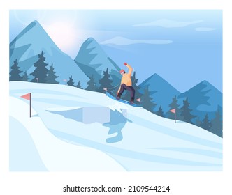 Male character on snowboard jumping on snowboarding trampoline. Snowboarder performing a stunt. Ski resort track. Man snowboarding, winter extreme sport activities. Flat vector illustration