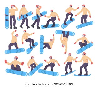 Male character on snowboard set. Snowboarder riding and jumping. Man snowboarding in different positions collection. Winter extreme sport activities. Flat vector illustration