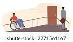 Male Character on Wheelchair Using A Ramp To Access Building Porch. Accessibility And Inclusivity Concept for Disability Rights, Social Justice, Or Advocacy Campaigns. Cartoon Vector Illustration