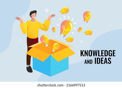 Male Character Open Huge Box with Light Bulbs Flying Out. Enlightenment Propaganda, Message. Knowledge and Ideas Spreading, Education. Leaving of Mind Limits, Dreaming, Start Up. Vector Illustration.