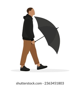 Male character with an open umbrella in his hand goes on a white background