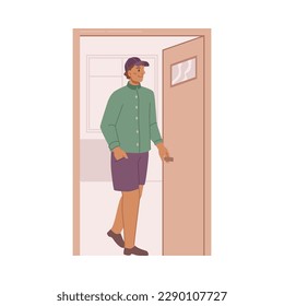 Male character opening doors, standing in doorway and holding handle. Exiting room or building. Personage in motion coming out doorway. Vector person leave apartment flat cartoon illustration