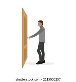 Male character opens the door on a white background