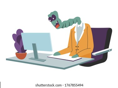 Male character from outer space, extraterrestrial personage with long neck working on laptop. Male alien sitting by computer and typing. Worker from humanoid civilization, vector in flat style