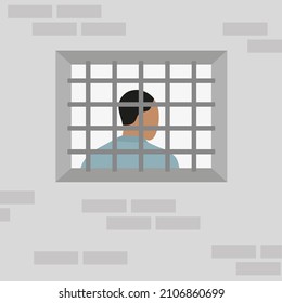 Männlicher Charakter im Außenfenster mit Bars auf Backsteinmauern
