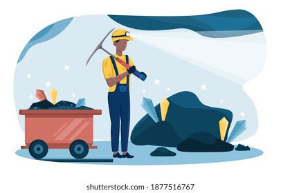 Male character in overall is diamond mining in coal. Man in uniform and helmet with hammer and dolly working underground. Concept of extraction industry profession. Flat cartoon vector illustration