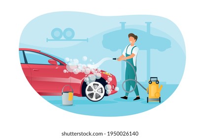 Male character in overall is washing a car in garage. Smiling man is cleaning a vehicle from dust with soap and water. Special cleaning equipment in a car garage. Flat cartoon vector illustration