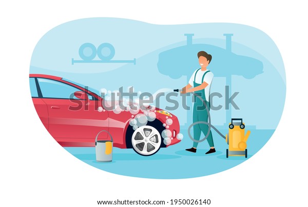 Male character in overall is washing a car\
in garage. Smiling man is cleaning a vehicle from dust with soap\
and water. Special cleaning equipment in a car garage. Flat cartoon\
vector illustration