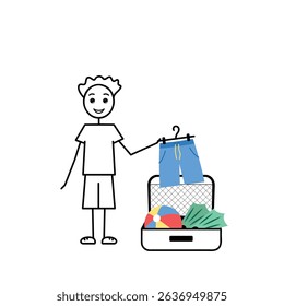 male character is packing for summer vacation, cartoon vector illustration