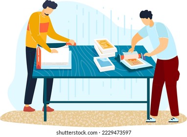 Male character paint press engineering work print activity isolated on white, flat vector illustration. Concept project advertising design banner.