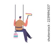 Male Character with Painting Roll Sitting on Rope Swing with Bucket Isolated on White Background. Worker Doing Renovation Works, Painting Wall. Cartoon People Vector Illustration