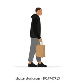Male character with paper bag in hand on white background