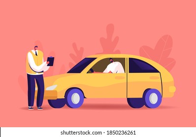 Male Character Pass Exam For Driver License In School With Instructor. Learner Driving Car With Tutor Writing In Clipboard. Student Study Drive Automobile On Road. Cartoon People Vector Illustration