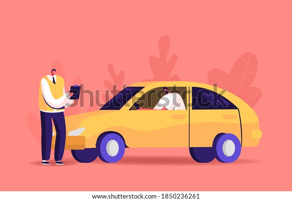 Male Character Pass Exam for Driver License\
in School with Instructor. Learner Driving Car with Tutor Writing\
in Clipboard. Student Study Drive Automobile on Road. Cartoon\
People Vector\
Illustration