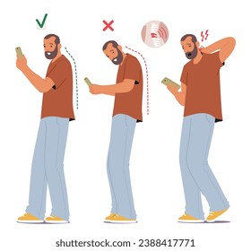 Male Character Perform Wrong Posture with Phone, Slouched, Neck Bent And Wrists Strained. Proper Posture, Upright, Phone At Eye Level, And Wrists Relaxed, Ensuring Ergonomic Comfort And Health, Vector