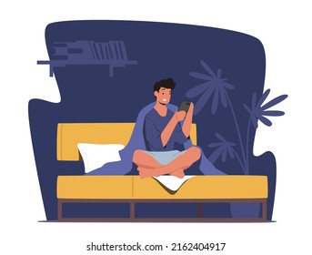 Male Character with Phone Sitting in Bed Wrapped in Blanket. Concept of Gadget Addiction, Insomnia, Internet Communication. Man Relax at Nighttime with Mobile. Cartoon People Vector Illustration