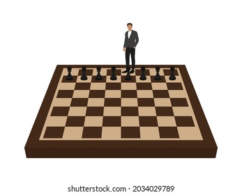 Male character in the place of the king and eight pawns on a chessboard on a white background