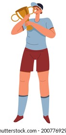 Male character player or sportsman holding golden cup reward for first place or best game. Skillful professional athlete taking victory in tournament or challenge for boys. Vector in flat style