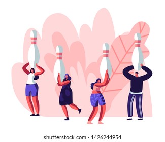 Male Character Playing Bowling, Huge Man Throw Ball, Tiny People Moving with Pins. Leisure, Active Lifestyle, Friends Spend Time Together on Weekend, Sparetime Cartoon Flat Vector Illustration