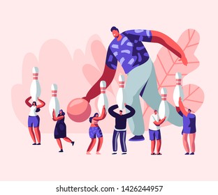 Male Character Playing Bowling, Huge Man Throw Ball, Tiny People Moving with Pins. Leisure, Active Lifestyle, Friends Spend Time Together on Weekend, Sparetime Cartoon Flat Vector Illustration