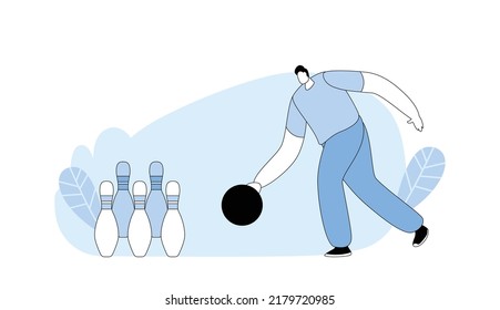 Male Character Playing Bowling, Man Throw Ball on Alley with Pins Hitting Strike. Active Lifestyle, Spend Time on Weekend, Sparetime Recreation in Bowling Club. Line Art Flat Vector Illustration