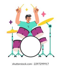 Male character playing drums. Creative hobby or occupation. Drummer practising or performing rock music, playing musical instrument. Flat vector illustration