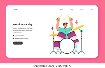 Male character playing drums web banner or landing page. Creative hobby or occupation. Drummer practising or performing rock music, playing musical instrument. Flat vector illustration