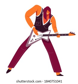 Male character playing electric guitar, isolated musician with string instrument. Performer on rehearsal for concert, live songs or recording. Rocker or metal on music show. Vector in flat style