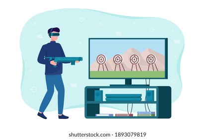 El personaje masculino está jugando un juego con gafas de realidad aumentadas. El hombre está jugando a videojuegos y disparando armas. Ilustración vectorial de dibujos animados planos