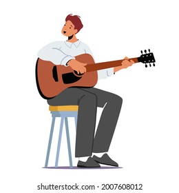 Male Character Playing Guitar on Scene. Musician with String Instrument Perform on Stage with Classical or Popular Music Concert. Instrumental Performance, Entertainment. Cartoon Vector Illustration