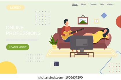 Male character playing guitar. Woman listening to her boyfriend singing. Guitarist creates music. Musician plumbing strings on instrument. Couple watching tv and spend time together at home