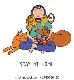 Male character playing video game at home with cat and dogs. Man spending time with their domestic animals. Hand drawn cartoon colorful vector illustration.