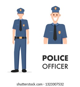 Male Character Policeman Head Shot and Full Length. Smiling Police Officer. Man Wear Professional Clothes Uniform. Citizen Protection Guard Picture Set. Flat Cartoon Vector Illustration